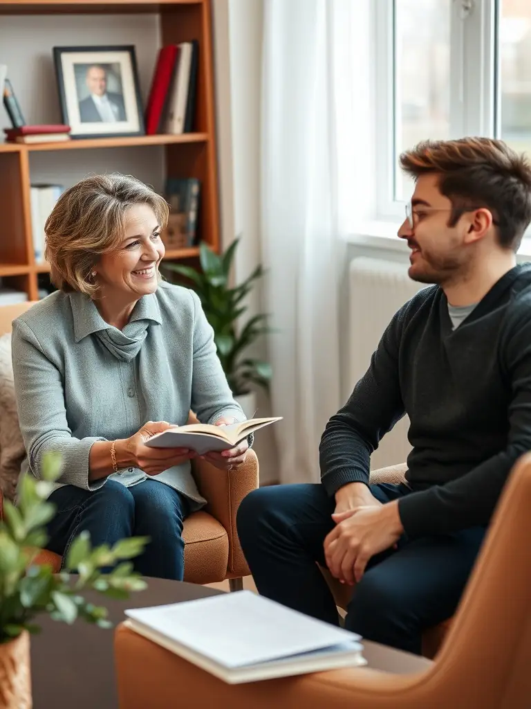 A coach listening attentively to a client, providing guidance and support.