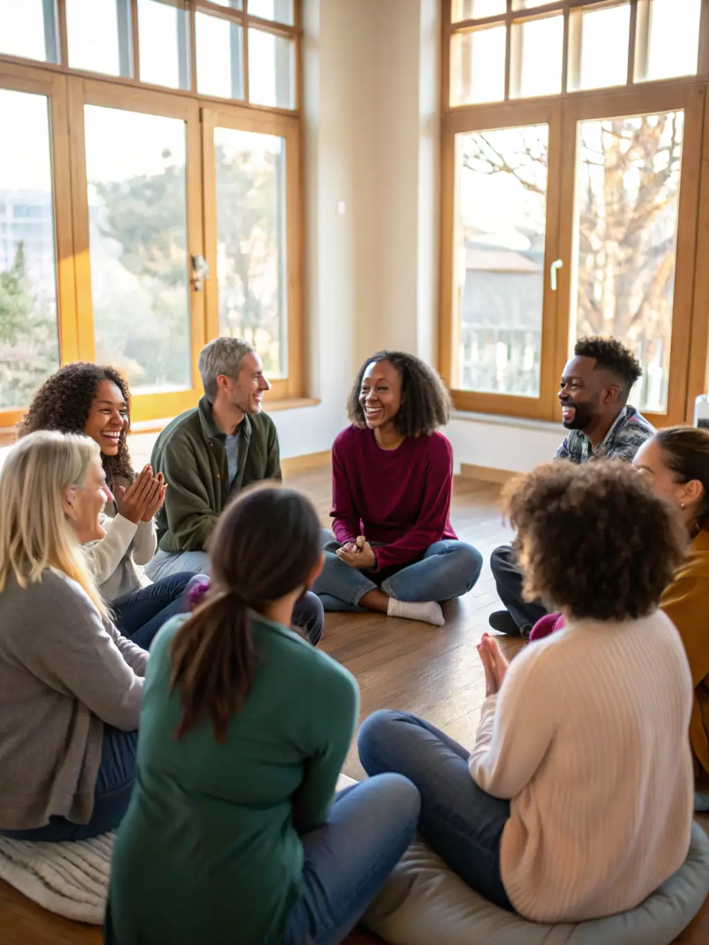 A group of people participating in a relationship workshop, laughing and engaging with each other.